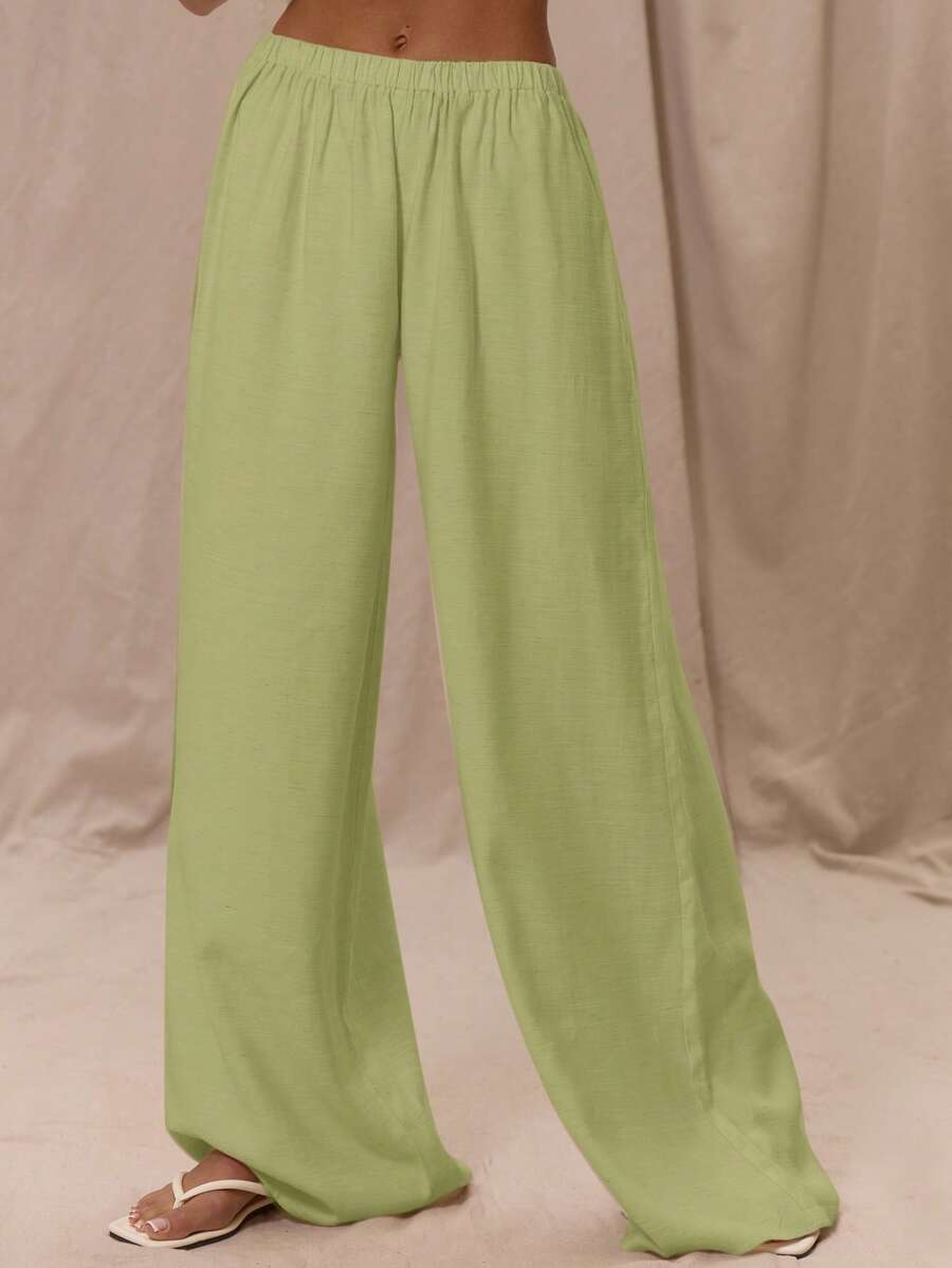 MUSERA Low Rise Elasticated Waistband Wide Leg Trousers Only Summer Vacation Holiday Elegant Beachwear Boho Romantic Ibiza Linen Feel - Lime Green - View 1