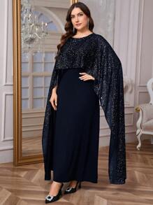 SHEIN Privé 大码女式优雅浪漫时尚性感风格黑色长款紧身连衣裙，适合派对、度假、返校、办公室、闪亮斗篷 - 藏蓝色 - 查看 6