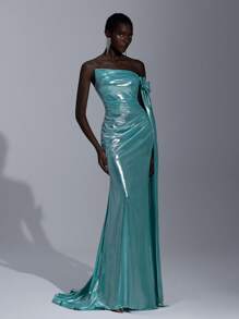 Glamrae 优雅的湖蓝色闪亮彩虹色涂层单肩露肩可拆卸蝴蝶结超长褶皱美人鱼风格开衩礼服，适合约会、单身派对、毕业典礼、返校节、舞会、生日、婚礼、正式活动 - 水鴨藍 - 查看 7