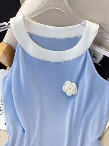 SHEIN Clasi Women Sleeveless Adjustable Floral Design Round Neck Tank Top, Elegant Casual - Blue - View 5