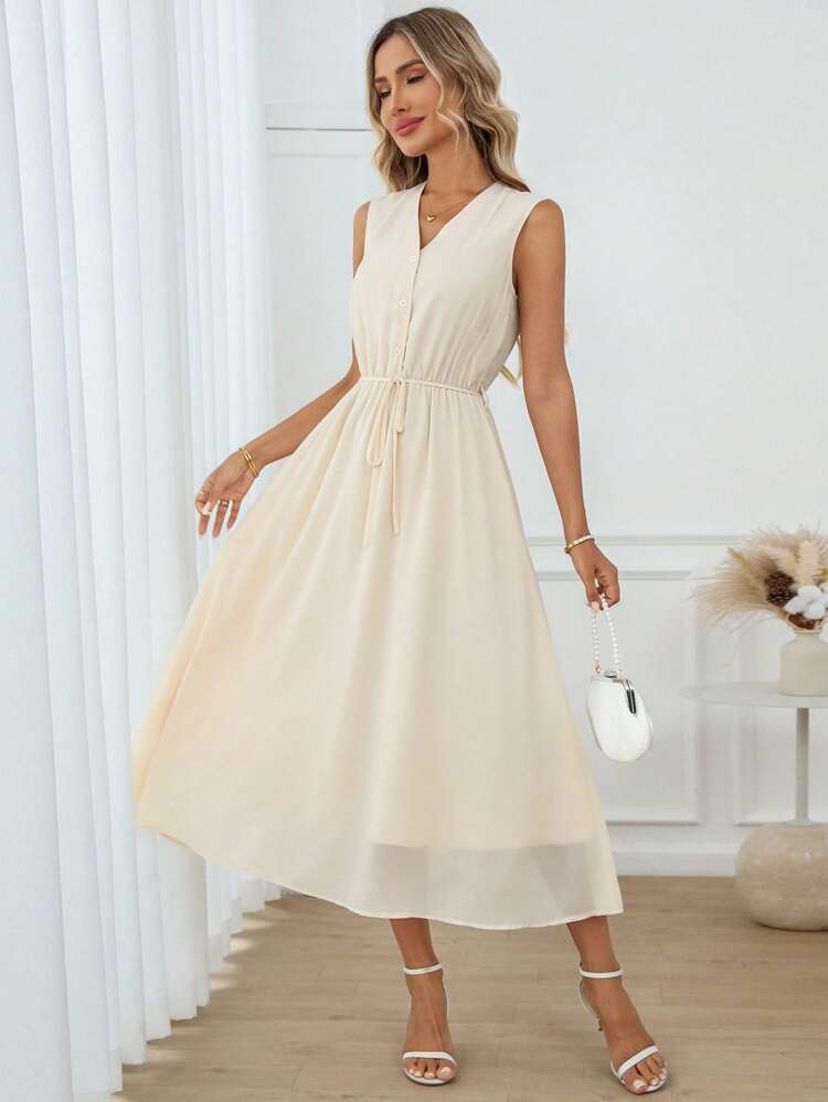 Women's Solid Color Button Half-Placket Sleeveless Casual Mid-Length Dress, Summer