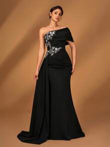 Serin Summer Elegant Romantic Gorgeous Black Stretch Knit One Shoulder Pleated Luxury Embroidered Beaded Applique Micro Fishtail Hem Floating Piece Small Tail Suitable For Dinner Bachelorette Party Date Dance Holiday Music Festival Wedding Event Mother Of The Bride Dress, Valentine's Day - Black - View 4