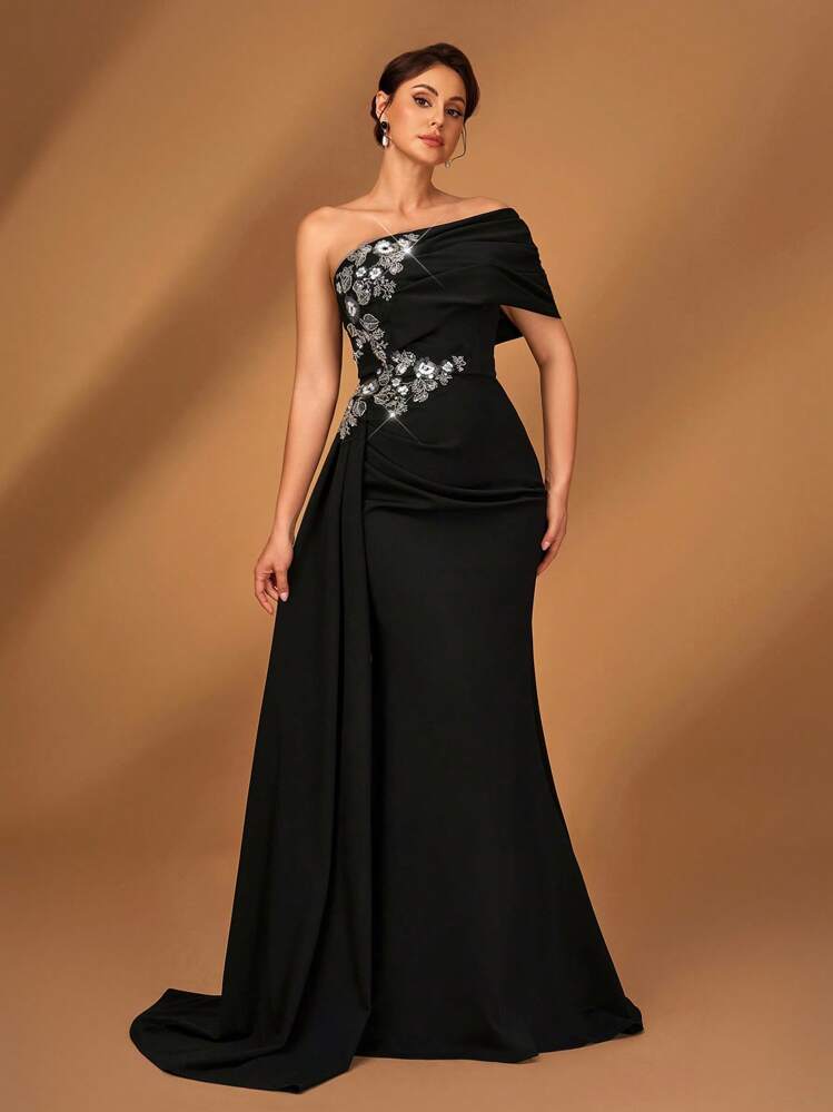 Summer Elegant Romantic Gorgeous Black Stretch Knit One Shoulder Pleated Luxury Embroidered Beaded Applique Micro Fishtail Hem Floating Piece Small Tail Suitable For Dinner Bachelorette Party Date Dance Holiday Music Festival Wedding Event Mother Of The Bride Dress, Valentine's Day Mother Of The Bride Dress - Chic Modest Lace Dress For Special Day - Black - View 4