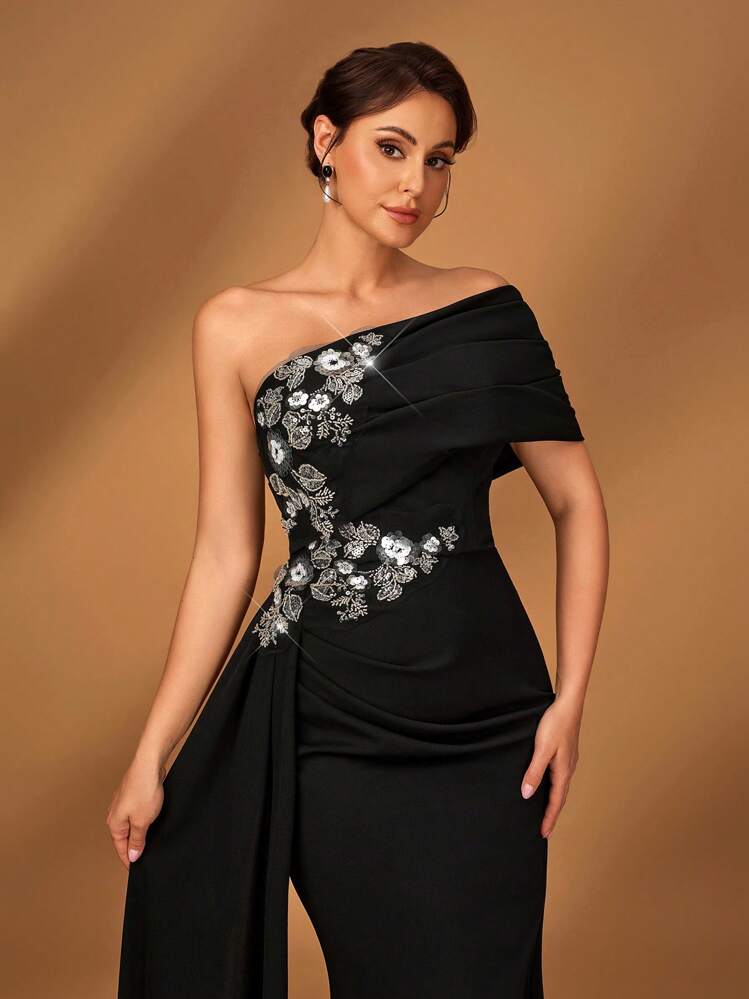 Summer Elegant Romantic Gorgeous Black Stretch Knit One Shoulder Pleated Luxury Embroidered Beaded Applique Micro Fishtail Hem Floating Piece Small Tail Suitable For Dinner Bachelorette Party Date Dance Holiday Music Festival Wedding Event Mother Of The Bride Dress, Valentine's Day Mother Of The Bride Dress - Chic Modest Lace Dress For Special Day - Black - View 6