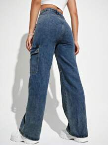 SHEIN EZwear 休闲水洗高腰直筒工装牛仔裤 - 寶藍色 - 查看 2