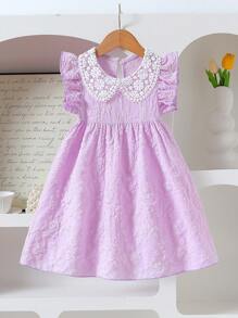 SHEIN 女孩优雅纯色提花纹理盖袖装饰花领高腰 A 字公主裙，适合旅行、度假、派对、生日礼物、夏季