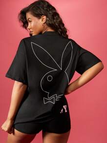 Missguided x Playboy 国旗图案 T 恤超大棉质 T 恤街头时尚兔子标志印花前后设计都市风格经典休闲舒适日常穿着赛车 - 黑色 - 查看 6