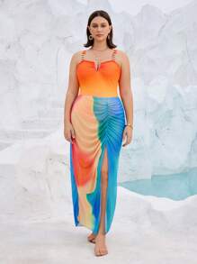 SHEIN Swim Curve 2pcs/Set Plus Size Women Fashion Ombre Bikini Set With Casual Vacation Mid-Length Skirt For Summer - Multicolor - View 3