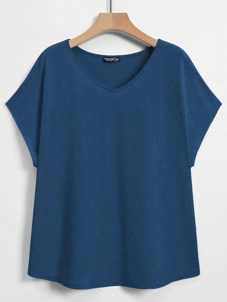 Lacomfia Kaos Lengan Kelelawar Polos Kasual Ukuran Besar, Atasan Biru Musim Panas - Dusty Blue - View 1