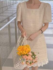 DAZY Square Neck Puff Sleeve Short Bodycon Elegant Women Mini Dress - White - View 3