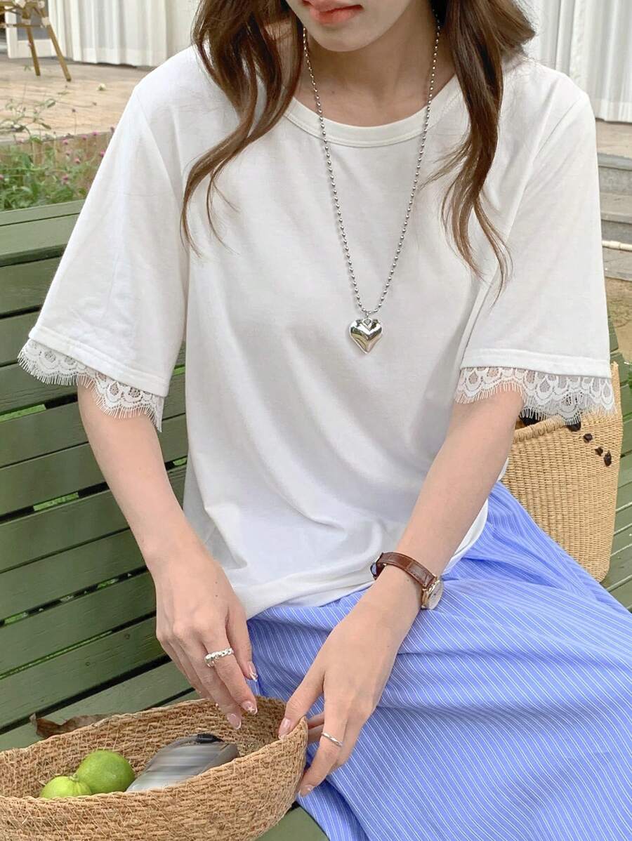 DAZY 女士休闲纯色撞色蕾丝宽松短袖 T 恤可爱上衣，商务休闲女装 - 白色 - 查看 1