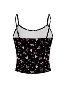 Luiza Werlang Y2K Style Fitted Camisole Top With Heart & Bow Pattern In Black & Pink, Suitable For Summer - Black - View 2