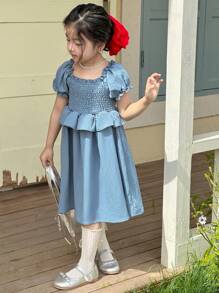 DAZY Young Girl Ruffled Bubble Short Sleeve Dress For Girls, Summer - Blue - View 4