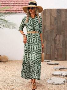 SHEIN LUNE 女士休闲宽松连衣裙 - 綠色 - 查看 7