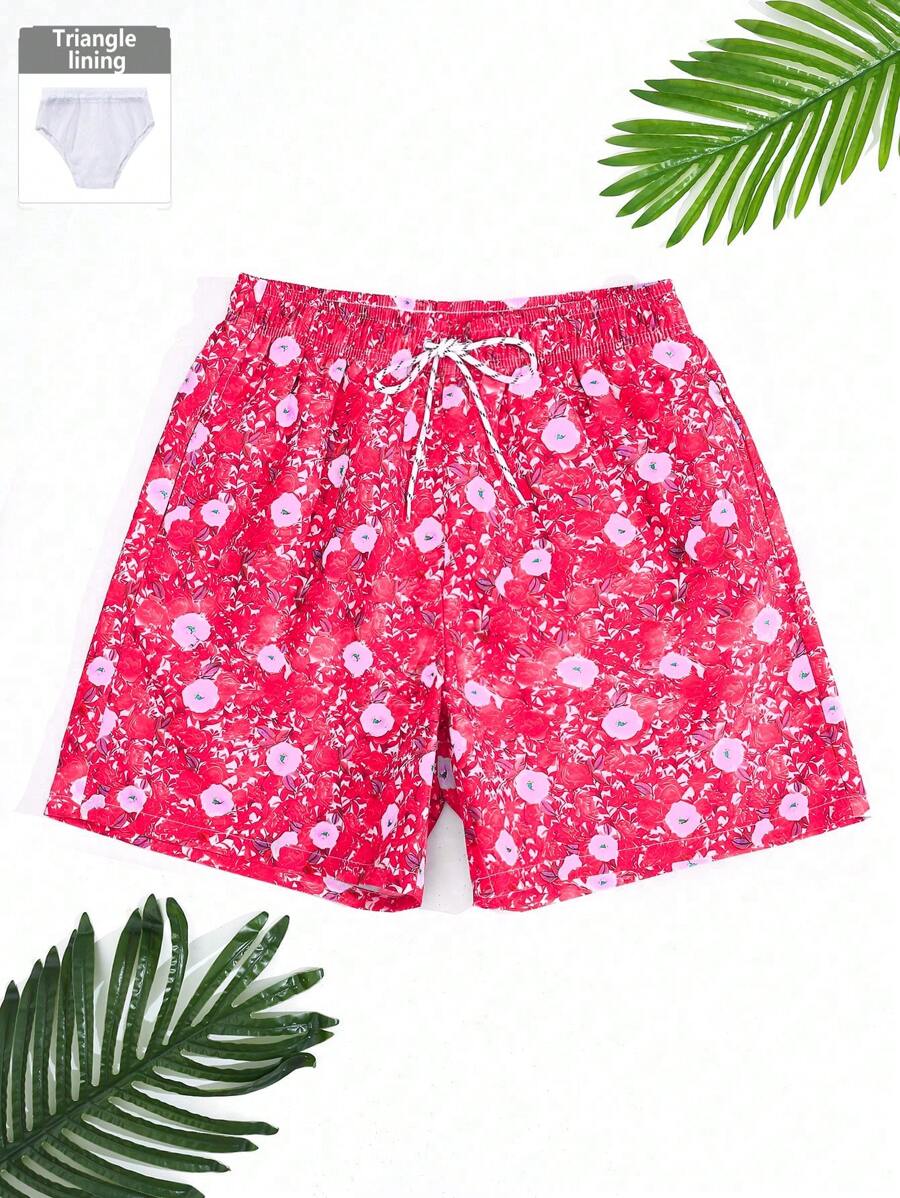 Surfspeed 男款有束繩腰帶的花卉印花沙灘短褲，寬鬆剪裁 - 彩色 - 查看 1