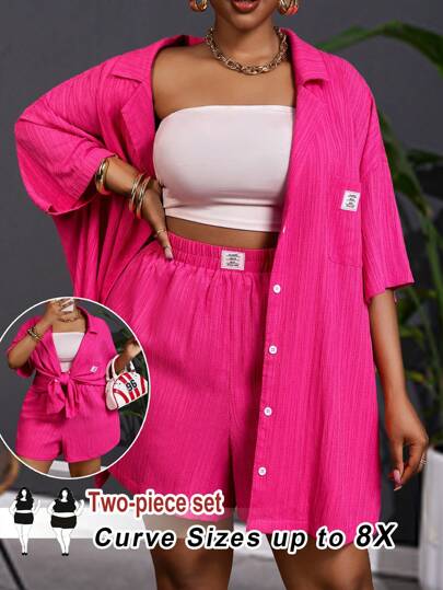 SHEIN CURVE+ 2pcs Women Plus Size Casual Purple Short Sleeve Shirt And Shorts Set, Summer, Curve Plus, Boho Vacation Beach Outfits For Woman/Beach /Beach Vacation Outfits/Beach Essentials / Graduation/Tea Party /Graphic Tees