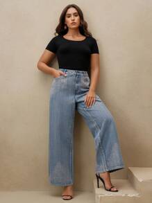 Anewsta Jeans droits amples simples avec ornements de strass, grande taille femme - Bleu azur - Voir 7