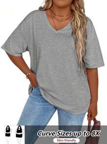 SHEIN CURVE+ Women Plus Size V-Neck Drop Shoulder Sleeve Casual T-Shirt, Summer