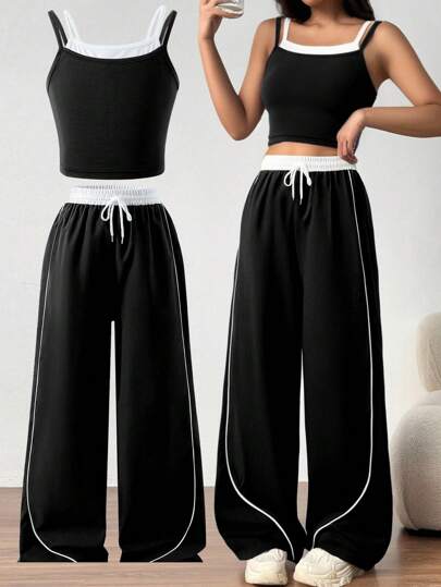 2pcs/Set Teenager Street Style Casual All-Match Versatile Sports Sleeveless Tank Top + Contrast Trim Loose Fit Pants