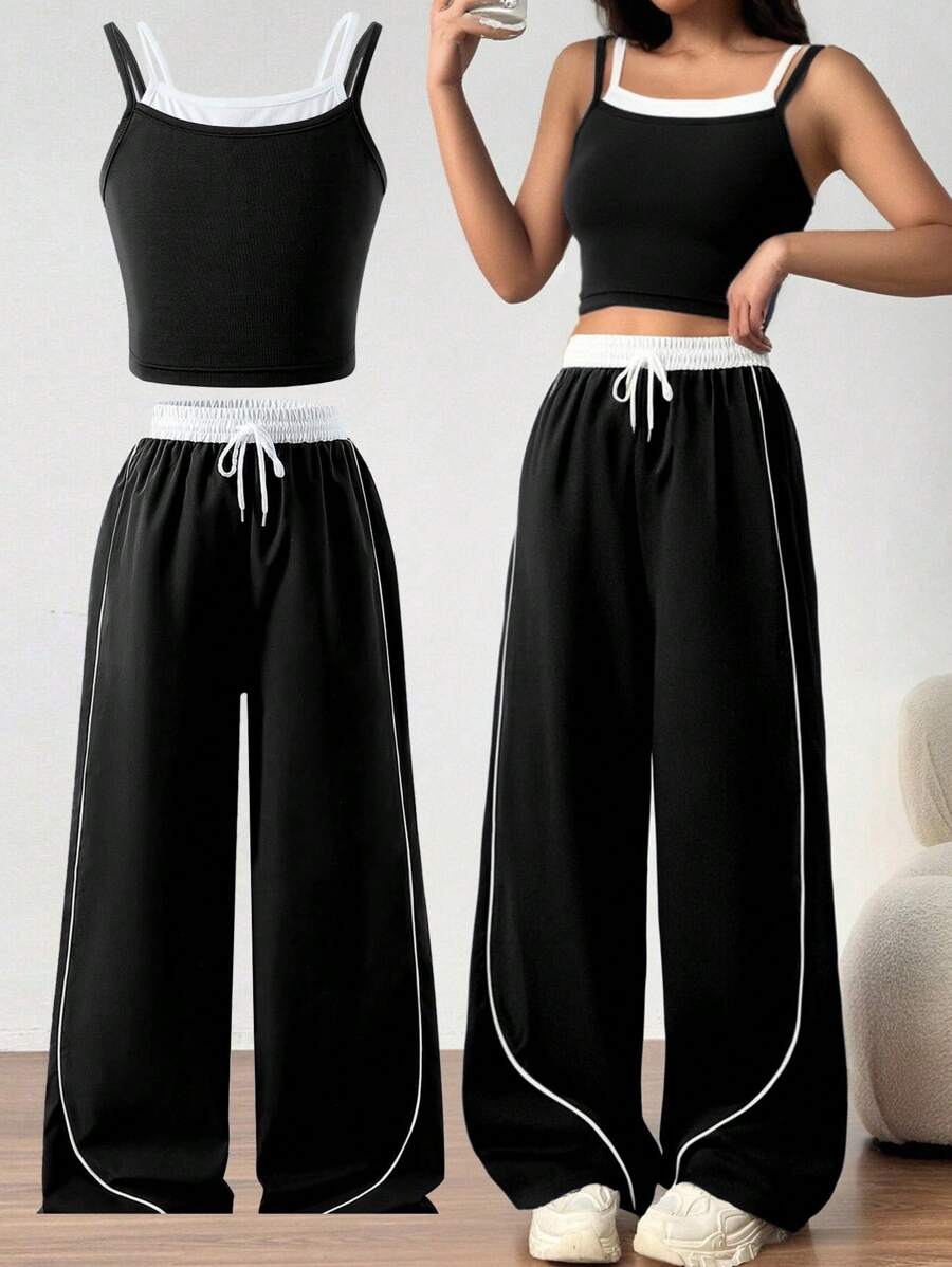 Sparklyn 2pcs/Set Teenager Street Style Casual All-Match Versatile Sports Sleeveless Tank Top + Contrast Trim Loose Fit Pants - Black and White - View 1