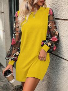 EMERY ROSE Váy suông dài tay thêu hoa cho nữ đi nghỉ mát - Màu vàng - Xem 4