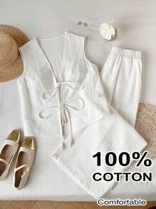 Comfortcana Plus Size Solid Color Bead Strap Tank Top And Wide Leg Pants Set For Women, Summer,Business Casual Woman - White - View 1