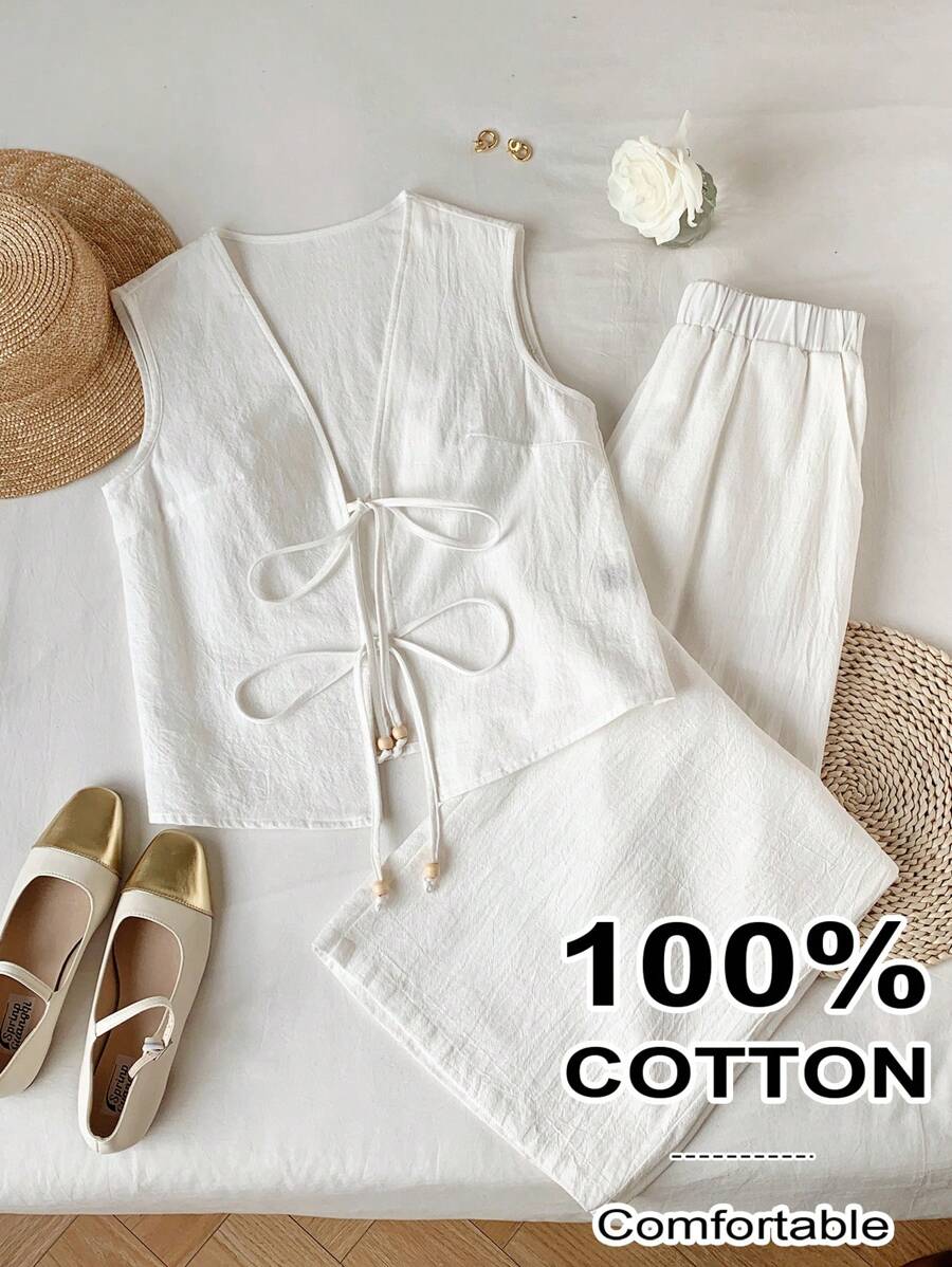 Comfortcana Plus Size Solid Color Bead Strap Tank Top And Wide Leg Pants Set For Women, Summer,Business Casual Woman - White - View 1