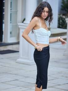 Aralina High Waist Buckled Hem Slim Fit Office Capris For Women Capri Pants - Black - View 8