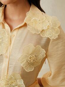 Women's Floral Decor Half Placket Short Dress, Elegant And Casual - Yellow - View 7