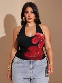 SHEIN BAE ملابس علوية أزهار بياقة حلقية للسيدات بحجم كبير/ملابس علوية صيفية/موسيقى المهرجان/ملابس علوية عطلة الشاطئ، ملابس علوية أسود، ملابس 4 يوليو، ملابس 4 يوليو، ملابس صيفية للنساء، تخرج للنساء، ملابس نساء بحجم كبير، ملابس عطلة المرأة، ملابس شاطئ للمرأة، تيشيرتات نسائية جرافيك، Y2k، ملابس علوية منحرف الكتف، ملابس غربية للنساء، ملابس نادي للنساء المثيرة، ملابس مكتبية للنساء