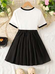 Tween Girl 2-Piece Set: Fitted Heart Patch Contrast Color Short Sleeve T-Shirt And Pleated Mini Skirt, Back To School - Black and White - View 10