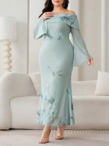 Modelyn Plus Size Off Shoulder Long Sleeve Dress, Fashionable For Summer - Green - View 3