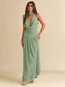 SHEIN BAE Women's Solid Color Mesh Plunging Neck Backless Flowy Maxi Vacation Dress, Sexy & See-Through,Bodycon Dress,Valentine's Day,Valentine Outfits For Women - Mint Green - View 4