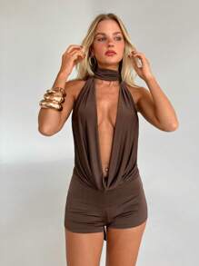Aloruh YKT Sexy Cổ Chữ V Sâu Halter Top Backness Và Eo Thấp Mini Ngắn Hai Mảnh Trang Phục Mặc Hàng Ngày Hai Mảnh Set Phụ Nữ Trang Phục Kỳ Nghỉ Đảo Bộ Mùa Hè Cho Phụ Nữ - màu nâu - Xem 4