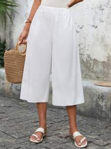 EMERY ROSE Quần Palazzo trơn màu dành cho nữ, quần Capri màu trắng mặc thường ngày, đi nghỉ hè, quần mùa hè cotton 100% dành cho nữ - trắng - Xem 6