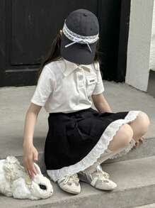 DAZY Bộ 2 món/Bộ trang phục mùa thu cho bé gái tuổi mới lớn: Áo thun tay ngắn in chữ có cổ + Chân váy - trắng - Xem 7