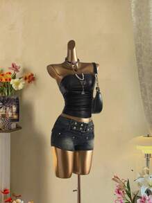 Attitoon Faux Stretch-Leather Black Pleated Strapless Top