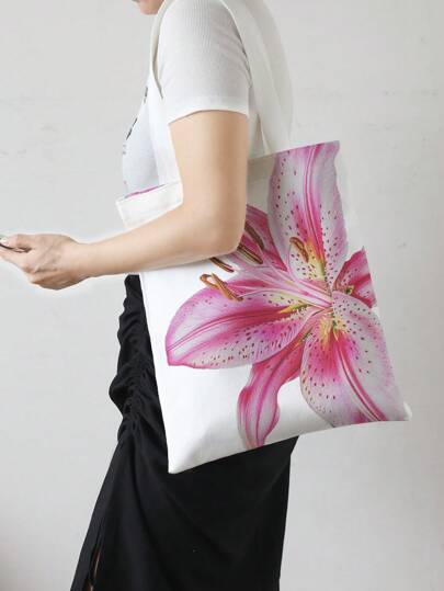 Kawaii Bolso de tote de gran tamaño con estampado floral para vacaciones, bolso de hombro de lona reversible con patrón de flores rosas para ir y venir de las vacaciones
