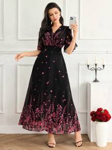 Feyla 女式花卉印花荷叶边下摆短袖连衣裙，优雅 - 彩色 - 查看 4