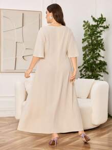 Modelyn Plus Size Women's Ruffled Sleeves Embroidered Patchwork Elegant Midi Dress For Evening Party/Wedding Guest/Anniversary - Multicolor - View 2