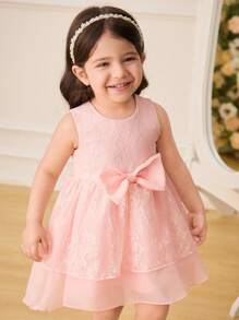 SHEIN Glamorique Kids 女婴花朵伴娘礼服，婚礼，蝴蝶结，花童，优雅粉色蕾丝连衣裙，女婴夏装，生日派对，适合正式场合， - 粉色 - 查看 4