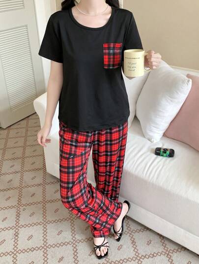 SHEIN 2-częściowy zestaw casualowy dla nastolatki: koszulka z krótkim rękawem i kieszenią z okrągłym dekoltem + spodnie piżamowe z luźnymi prostymi nogawkami w kratę, wygodny strój domowy
