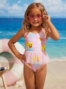 BABY SHARK X SHEIN Young Girl Cartoon Shark Print Mesh Splice One-Piece Swimsuit