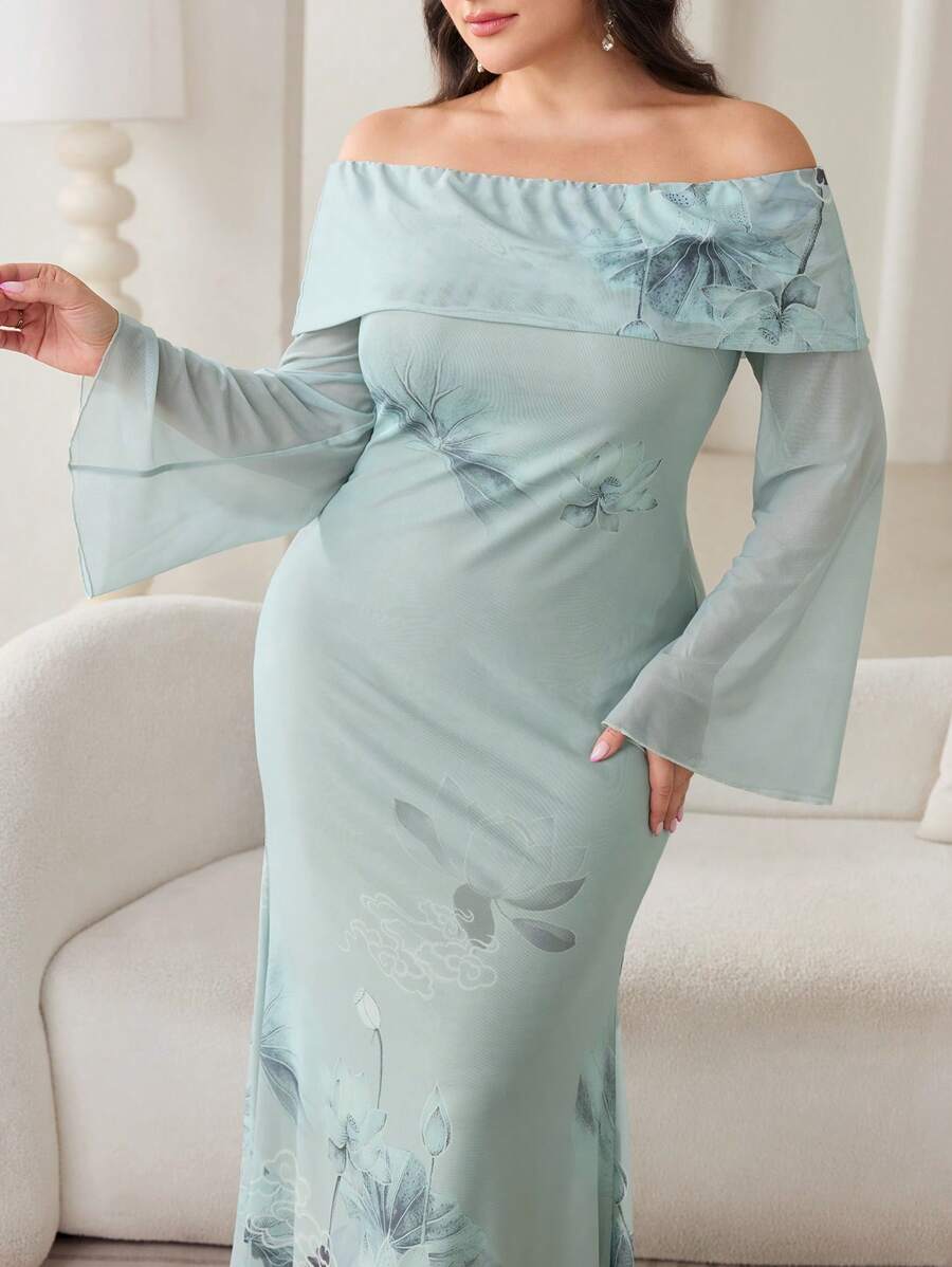 Modelyn Plus Size Off Shoulder Long Sleeve Dress, Fashionable For Summer - Green - View 1