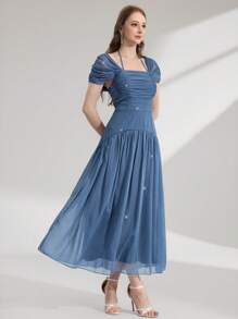 Poshira High-End Formal Gown With Fold Pleated Patchwork Design, Elegant Celebrity Party Dress Luxurious Women's Evening Dresses Soft Dress, Prom Dress - Dusty Blue - View 4