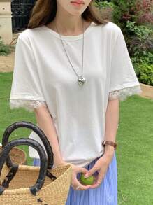 DAZY 女士休闲纯色撞色蕾丝宽松短袖 T 恤可爱上衣，商务休闲女装 - 白色 - 查看 5