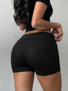 Shorts de motociclista plus size feminino com estampa de letras e strass e ajuste slim - Preto - Ver 2