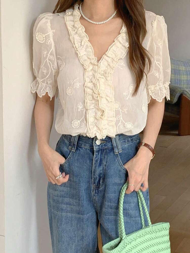 Women's V-Neck Cardigan Shirt With Frill Trim, Textured Fabric Casual Blouse