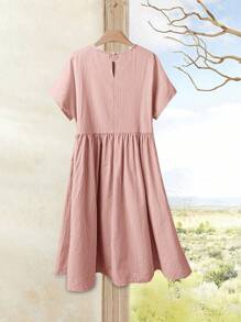 Rusticease Vestido midi casual de mujer de verano con cuello redondo y manga corta en unicolor