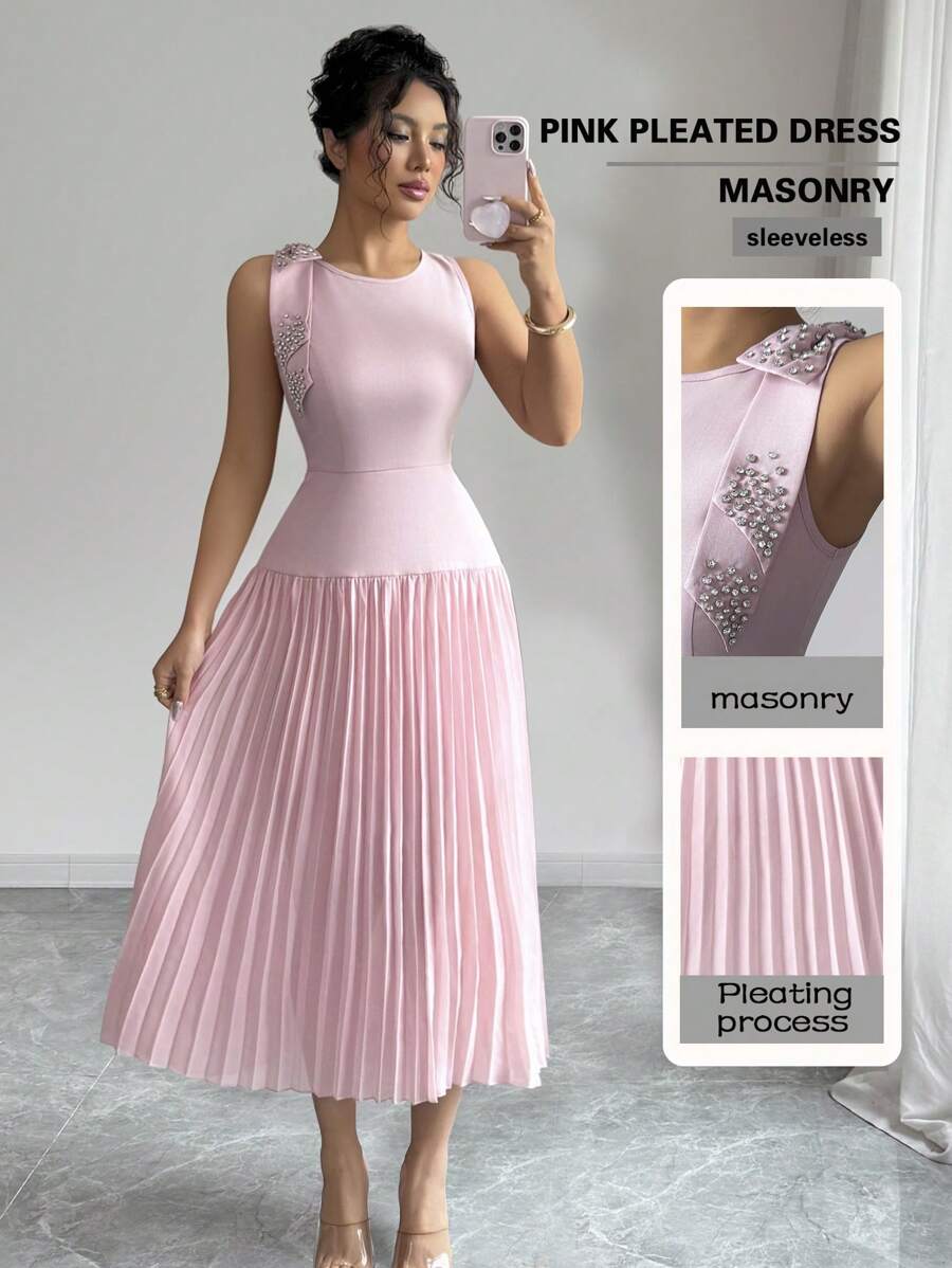 Elenzga Women's Bow-Knot Splicing Chiffon Pleated A-Line Dress - Pink - View 1